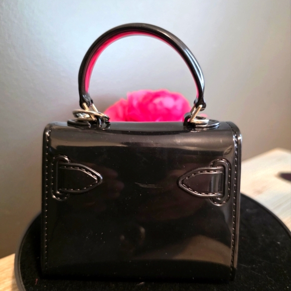 Mini Black Crossbody Handbag – Glossy Finish with Silver Chain with Bag Charm - Picture 2 of 2